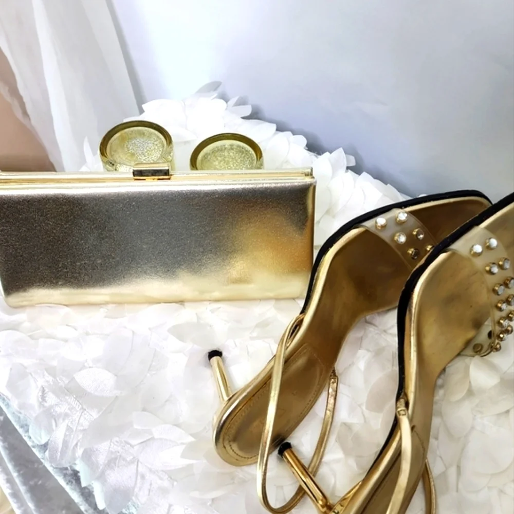 Zara shoes gold metallic kitten slingback heels clear embellished vamp size 9 - Picture 11 of 11